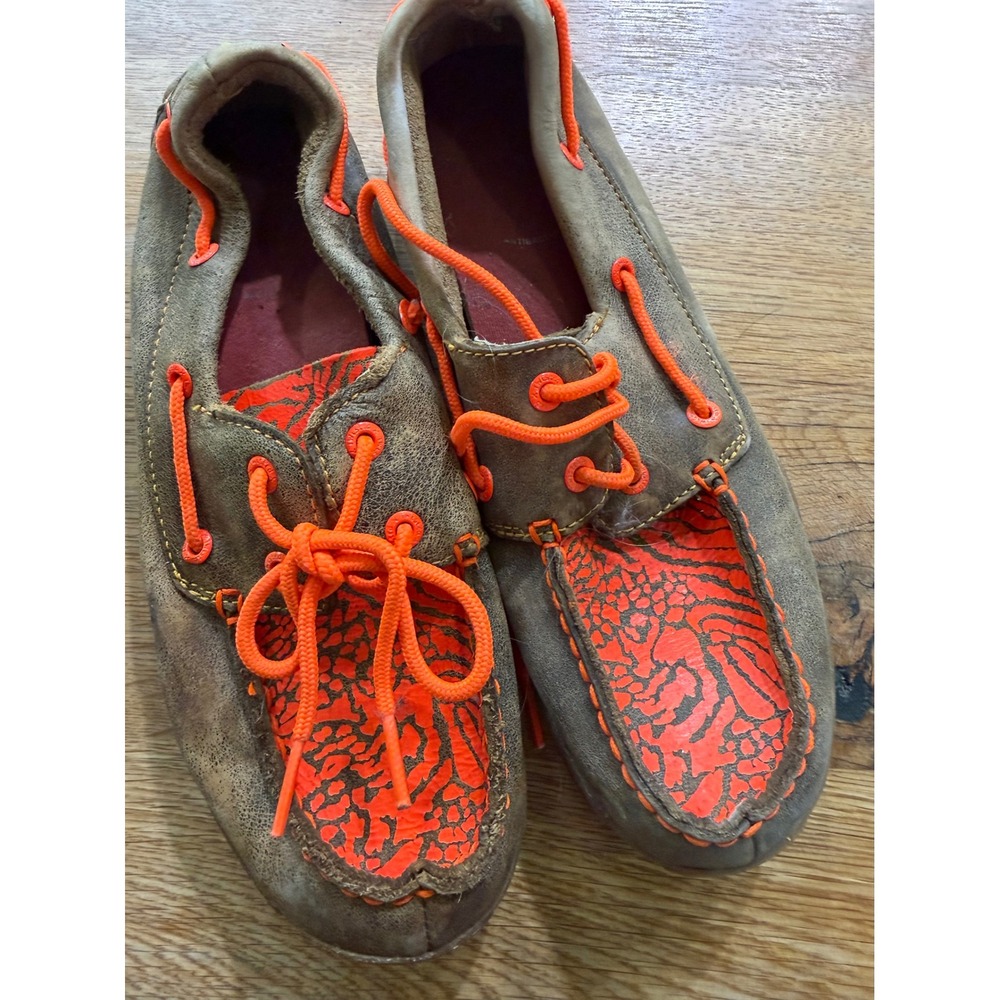 Twisted X Youth Driving Mocs Brown Leather Neon Orange Elephant Print YDM0008 5M